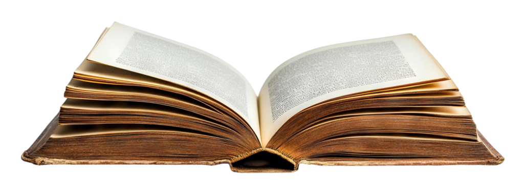 Antique open book with aged pages, isolated on transparent cutout background