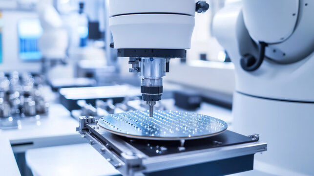 Close-up of semiconductor wafers on a robotic arm in a cleanroom environment, showcasing precision equipment and soft lighting, highlighting advanced technology and manufacturing processes.