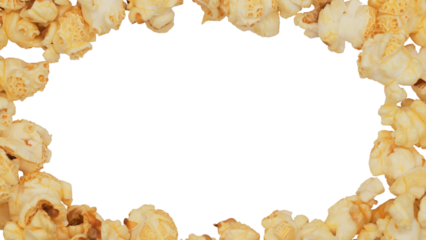 Popcorn arranged in a frame shape on a white background