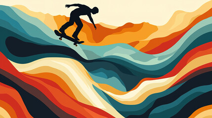 Silhouette of skateboarder surfs vibrant waves in artistic illustration, capturing dynamic energy and freedom.