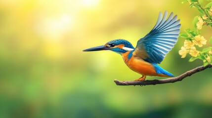 Kingfisher on a Branch in a Sunny Meadow