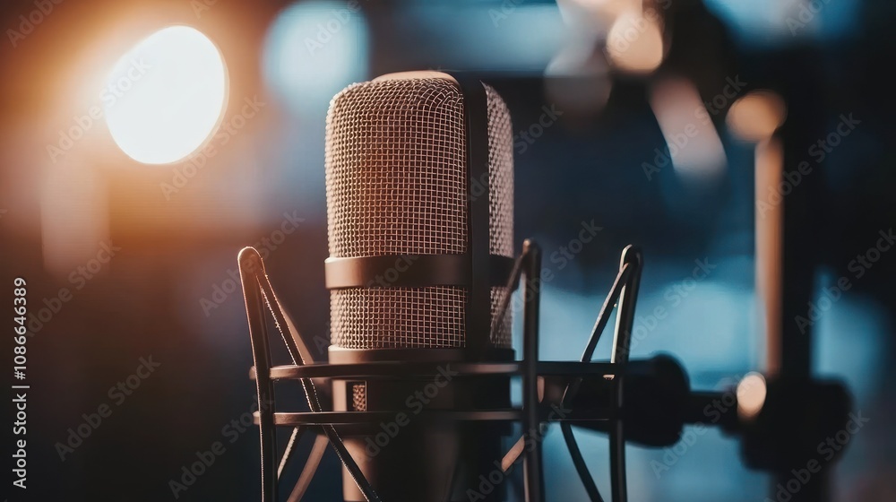 Poster A close-up of a microphone in a studio setting, highlighting its design and purpose.