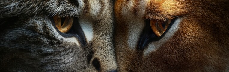 Close-up split face of lion and cat with fierce and calm expressions