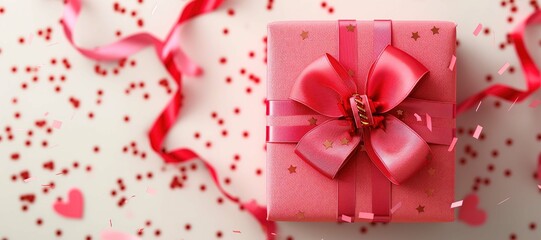 gift box with pink ribbon and confetti background 2