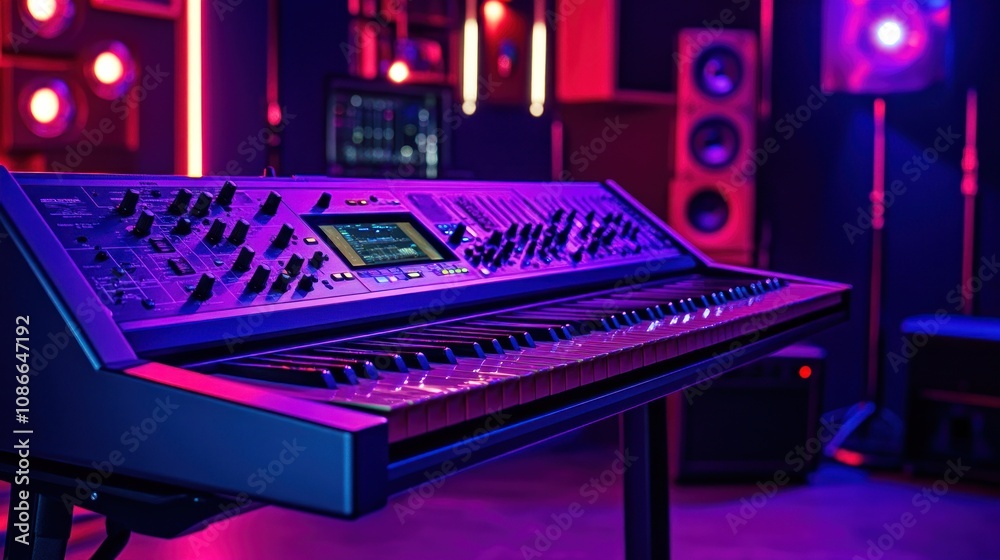 Poster a modern synthesizer in a vibrant studio setting, designed for music production and creativity.