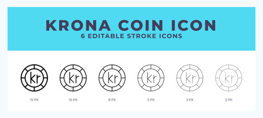 Krona coin icon set with different stroke. Vector illustration with editable stroke.