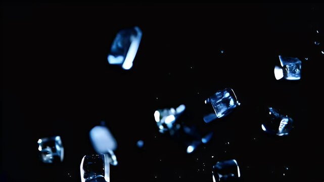 Ice blocks following from above on a black background.