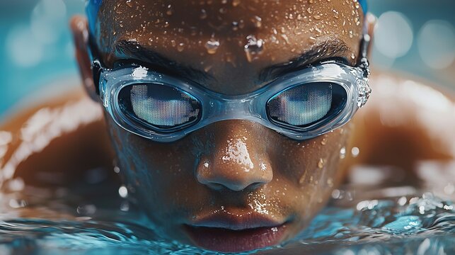 Close-up of focused swimmer in goggles, emerging from water, emphasizing concentration, technology and athleticism.