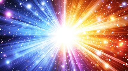 Naklejka premium A vibrant explosion of light radiates in blue and orange hues, creating a cosmic, starry background filled with sparkling particles.