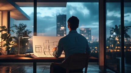 A luxurious modern house glows under warm lights, surrounded by lush gardens and a sparkling infinity pool.