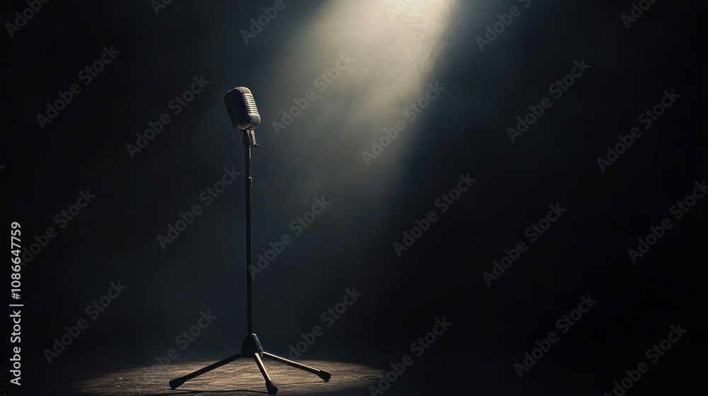Aufkleber a solitary microphone on a stand illuminated by a spotlight in a dark setting.
