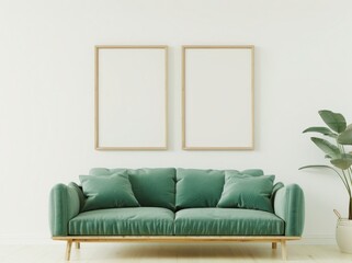 Minimalist living room interior design with a green velvet sofa, two empty picture frames, and wooden side tables