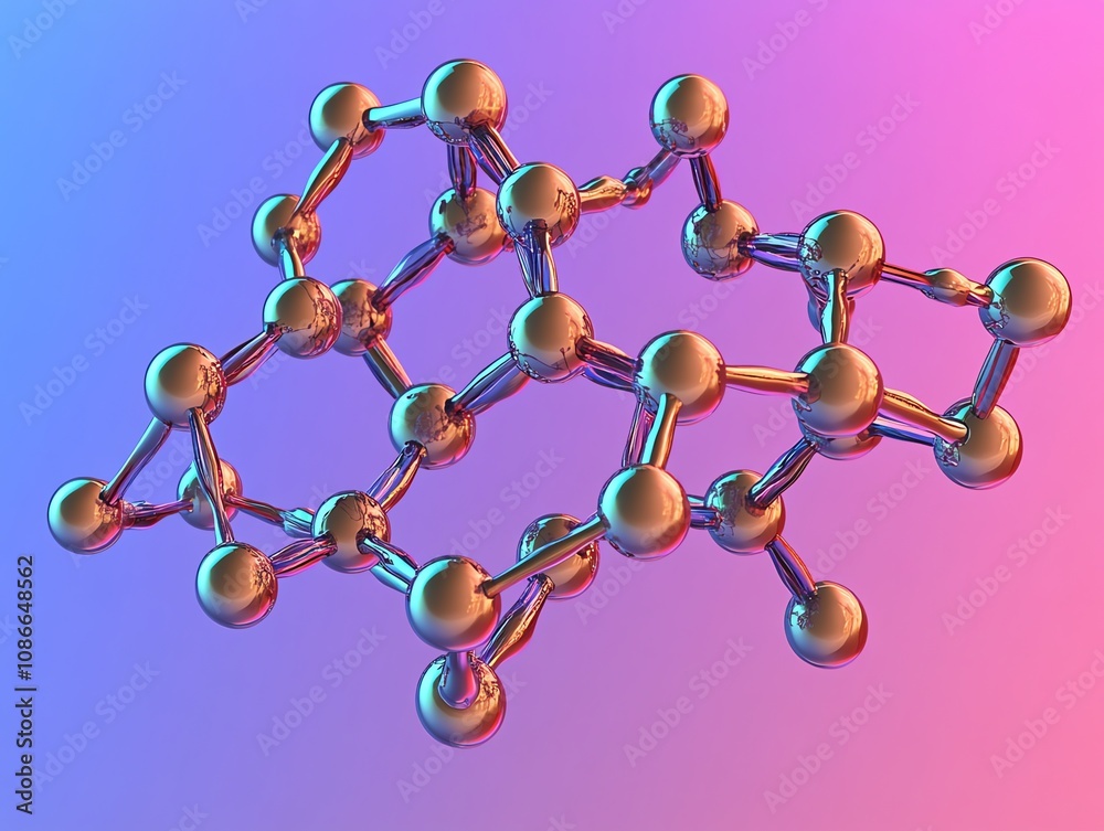 Poster 3D render of a complex molecule structure with metallic atoms and bonds against a vibrant gradient background.