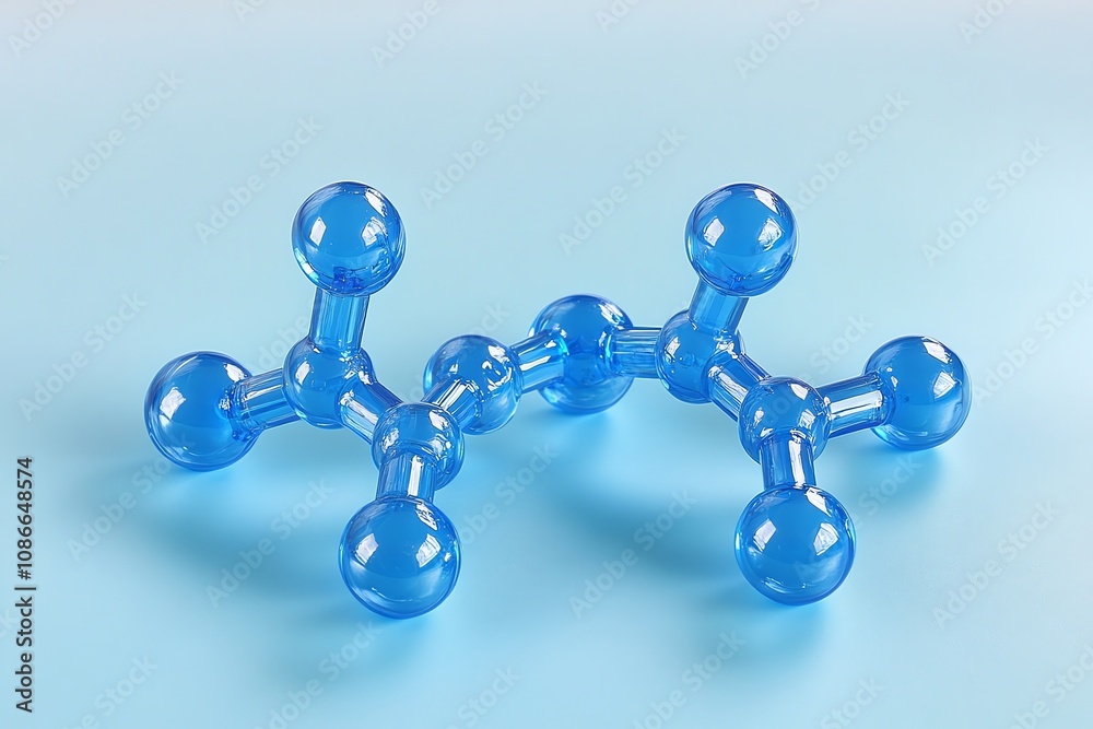 Poster 3d render of a translucent blue molecule model on a light blue background.