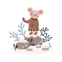 Mouse in coat, boots with winter plants. Winter forest animal character or mascot in cute flat style. Vector composition on transparent background for printing, scrapbooking, social media, animation.