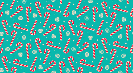 Seamless pattern with christmas candy canу and snowflakes. Merry Christmas and Happy New Year design. Colorful flat vector illustration.
