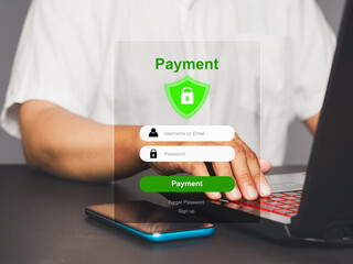 Digital payment login interface with a security icon, user entering login details on laptop.