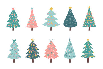 Obraz premium Сhristmas trees set. Cute pastel decorated Christmas trees with baubles and garlands. Nursery art Scandinavian style.