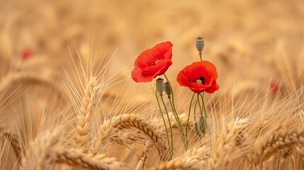 Red poppies blooming in a golden wheat field