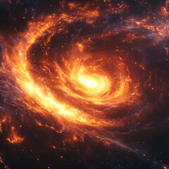 A stunning spiral galaxy illuminated by fiery orange and yellow hues, set against a dark cosmic backdrop filled with stars and swirling gas.