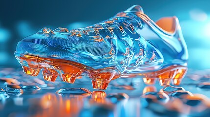 Futuristic transparent football shoe design in vibrant lighting, showcasing clear modern sports technology and innovation in athletic footwear.