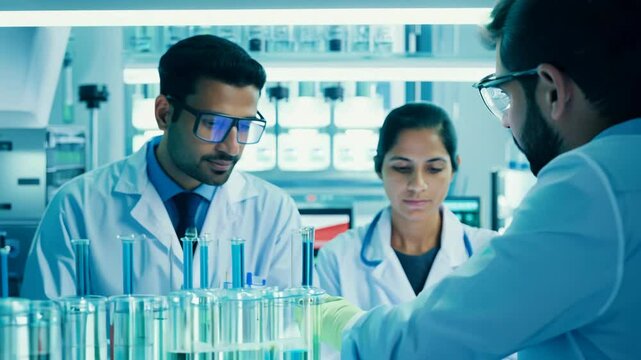 Camera zooms out on two scientists conducting an experiment in a lab with four-point lighting, slow motion, medium two-video
