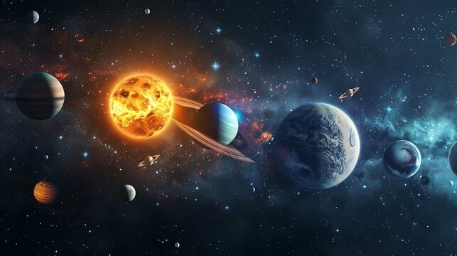 solar system, planets, spheres, space, hyper-realistic, astronomy, cosmos, reflective, alignment, textures, detailed, futuristic, celestial, science, galaxy, universe, planetary, artistic, science fic
