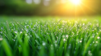Fototapeta premium Close-up of dew drops on green grass with blurred sunset background.