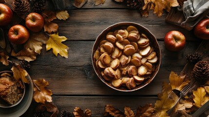 Baked apples with cinnamon on a wooden table