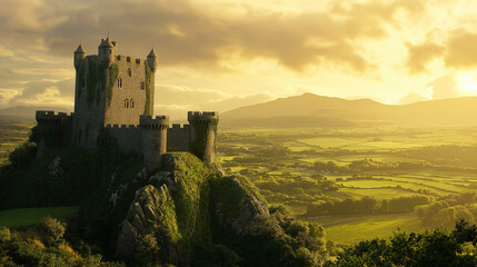 Fototapeta premium Мajestic Irish castle on a hill, stone walls and towers with ivy growing on them, green rolling hills