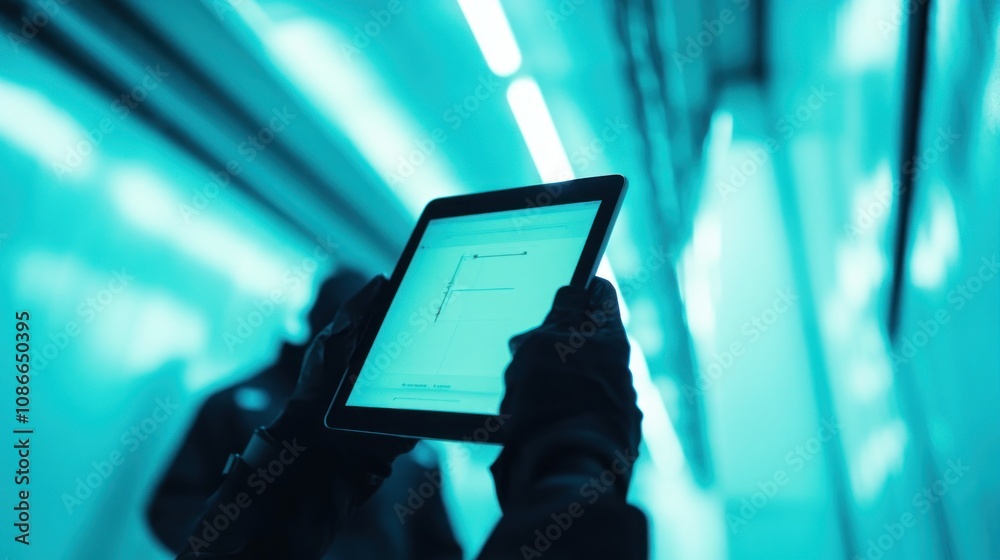 Poster a person holds a tablet displaying a letter in a dimly lit, futuristic environment.
