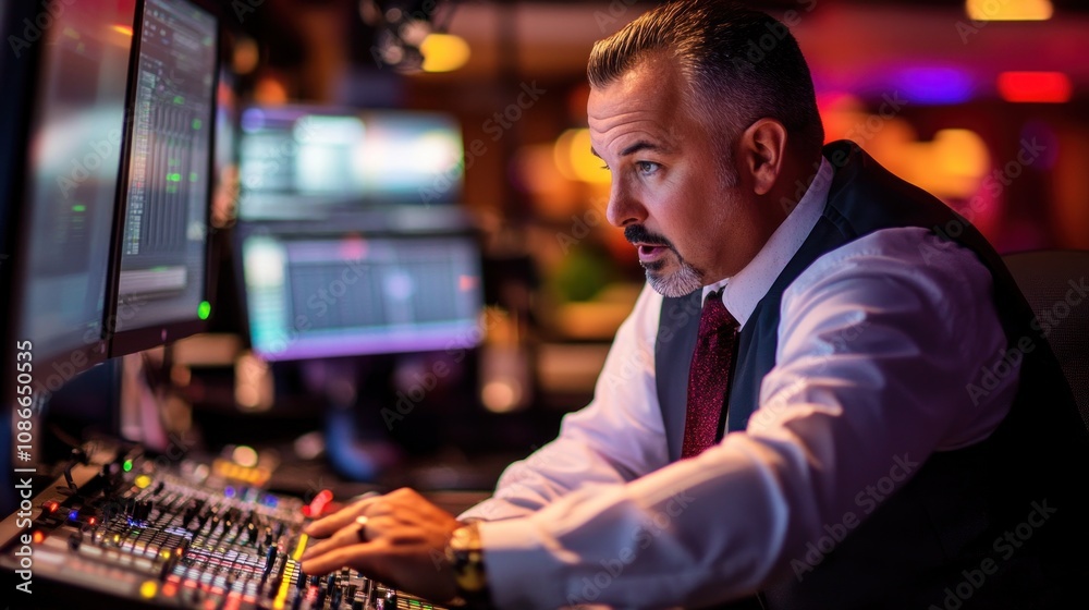 Poster A focused professional adjusting audio controls in a high-tech environment.