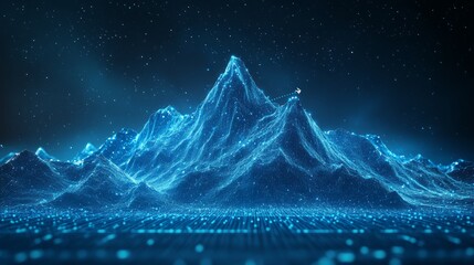 A digital mountain peak with a glowing blue light rising against a dark starry sky, with a digital landscape in the foreground.