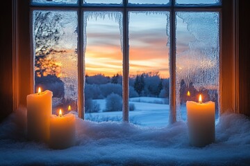 Candlelit window with frosted panes and a view of a winter landscape outside