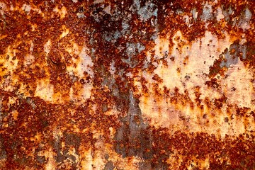 Close-up of rusted and decayed metal. The surface has a layer of oxidation with a slight orange, brown, and yellow and white tint. texture and background