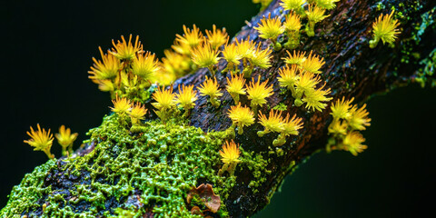 A branch covered in green moss and yellow flowers
