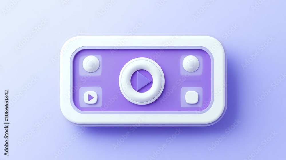 Poster A stylized media control panel with a play button and navigation controls in purple tones.
