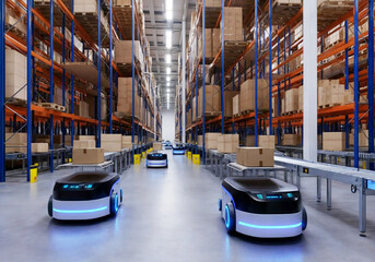 物流倉庫で自律移動するロボット 
Robots moving autonomously in logistics warehouses.	
