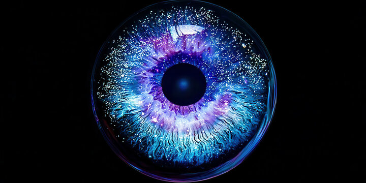 A blue and purple eye with a black background