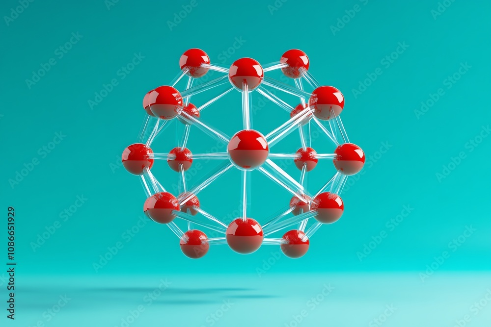 Poster Abstract 3D model of a molecule with red spheres connected by thin lines against a teal background.