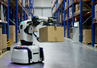 物流倉庫で自律移動するロボット 
Robots moving autonomously in logistics warehouses.	
