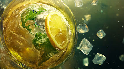 Earth Spinning in a Giant Glass of Lemonade, with Continents as Ice Cubes Floating Around 
