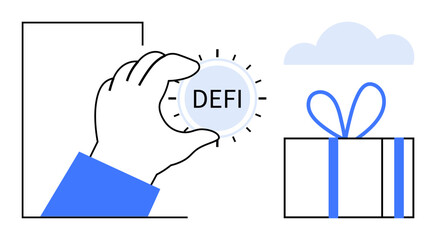 Hand holding a DEFI coin with a stylized gift box and cloud. Ideal for finance, rewards, investments, blockchain, decentralization, online services, promotional materials. Line metaphor