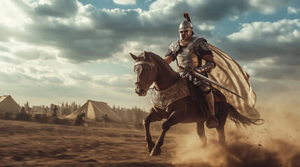 A Roman centurion in armor riding a horse
