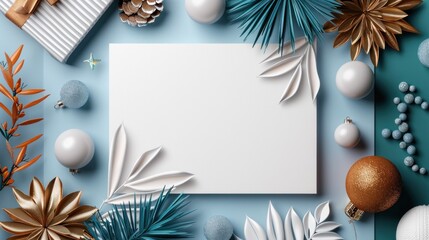 A minimalist Christmas flat lay featuring ornaments, gift boxes, and a blank card for seasonal blank greetings, perfect for holiday designs and email marketing