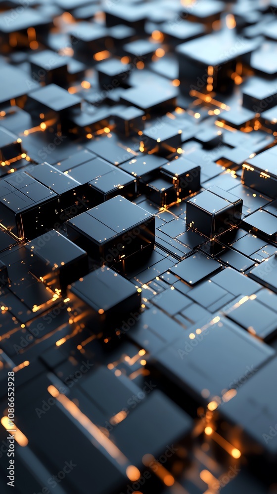 Fototapete Abstract 3D rendering of interconnected dark metallic cubes with glowing orange lines, representing a complex network or circuit board.