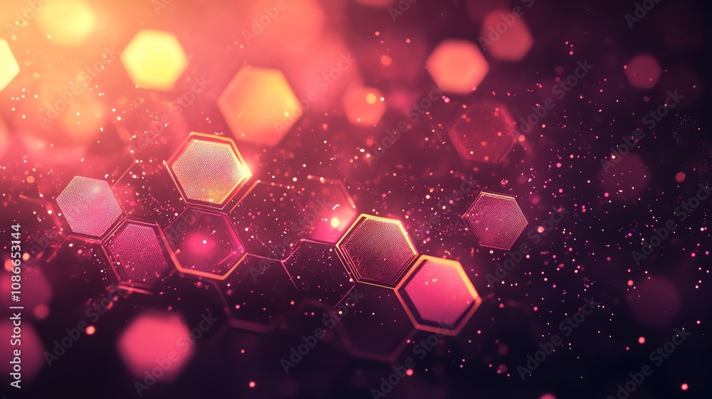 Aufkleber Abstract background with glowing hexagons and bokeh.