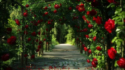 Red roses in a romantic garden setting