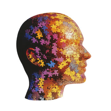 recommend clip art: Silhouette of a human head with colorful puzzle pieces, isolated on a pure white background. PNG transparent.