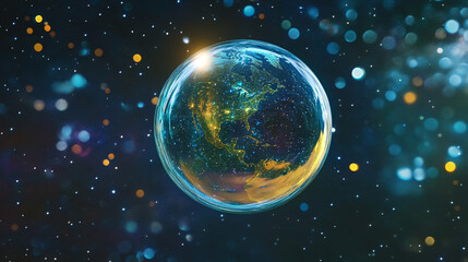 Fototapeta premium Earth Suspended in a Bubble, Reflecting Galaxies and Stars, Drifting Slowly Through Space 